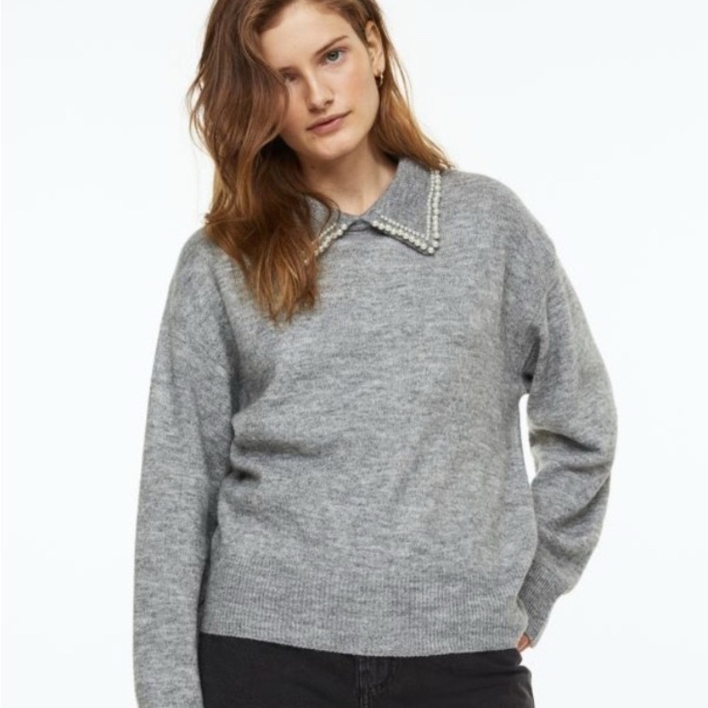 H&M Grey Beaded Collar Sweater Size S